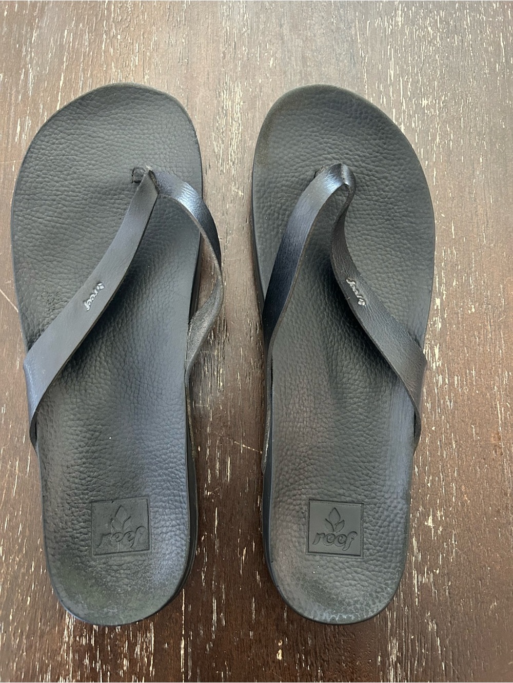 Reef Women’s Black Leather-Look Flip Flops